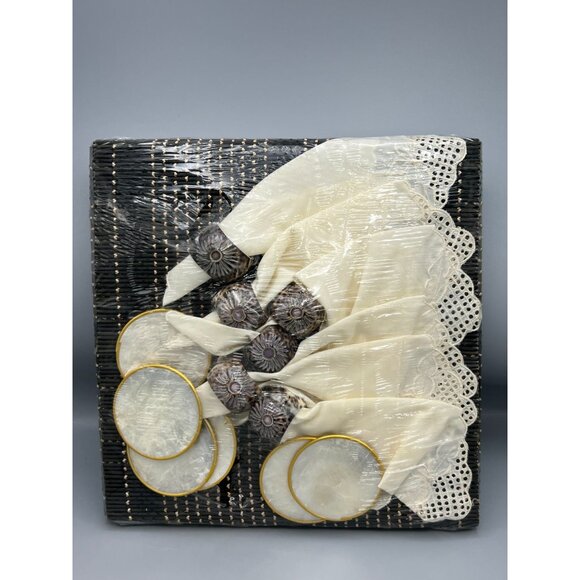 24 Pc Capiz Coasters Rattan Placemats Cowrie Shell Napkin Rings Lace Napkins Set - Picture 10 of 10